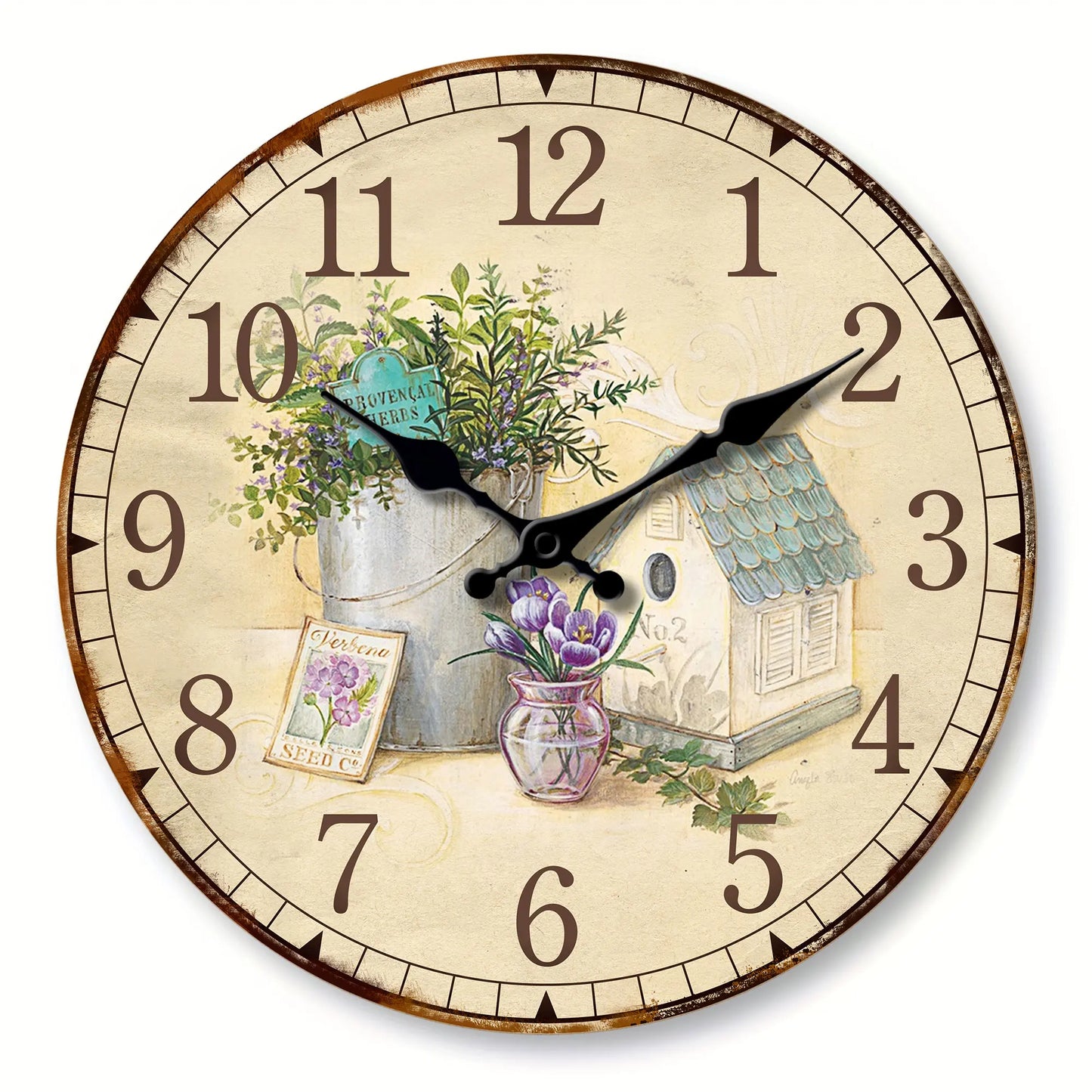 1pc retro wooden wall clock, beautiful lavender-Provence vanilla design wall clock, 10-16 inch mute clock, Home decor, Living Ro