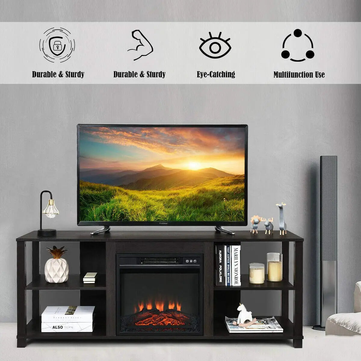 3-Tier TV Stand Storage Wood Entertainment Center 65 Inch Console 18" 1400W Electric Fireplace, Customized