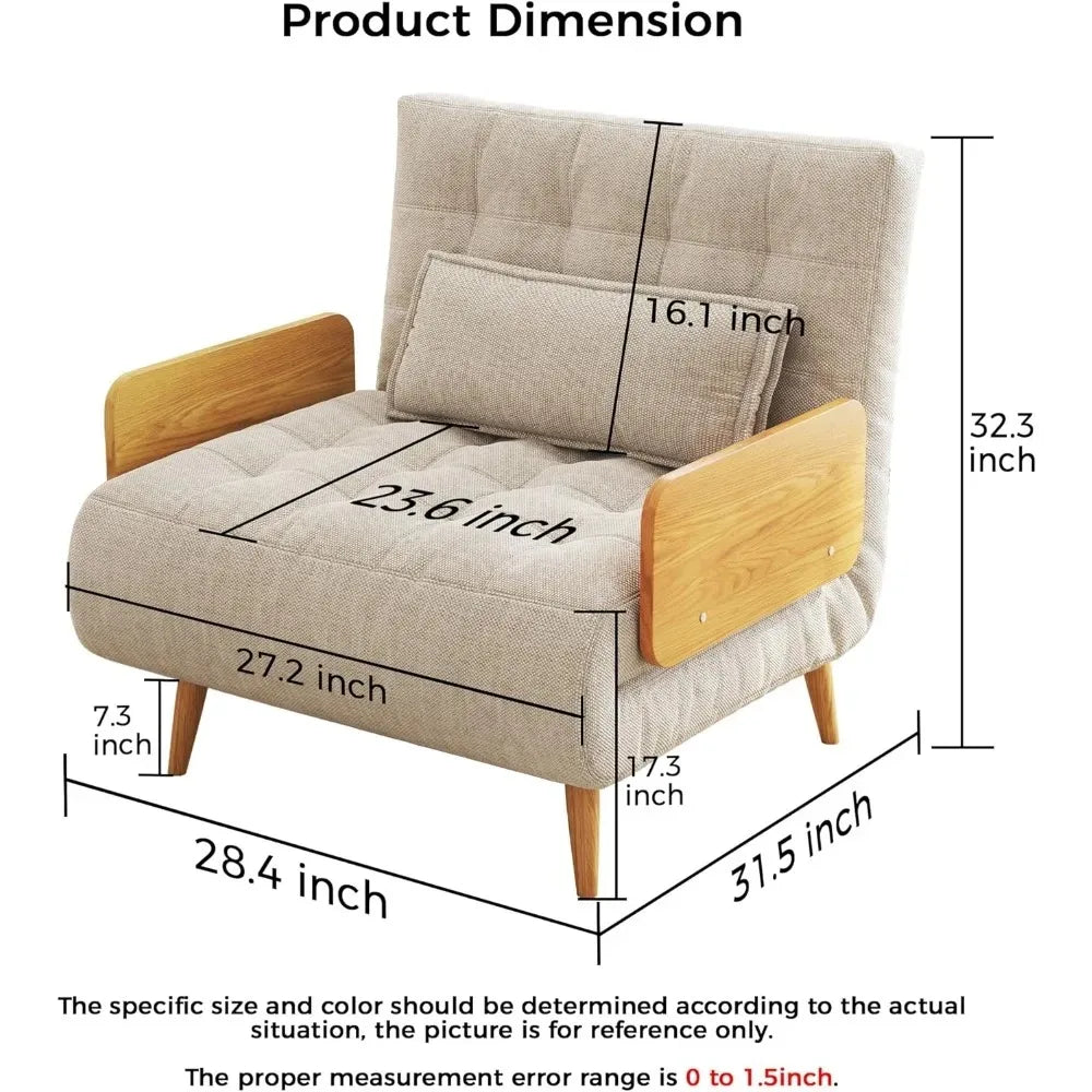 Linen 3-in-1 Convertible Chair Bed Sleeper for Adults Foldable Single Futon with Wooden Arms And Pillows - Comfortable, Customized