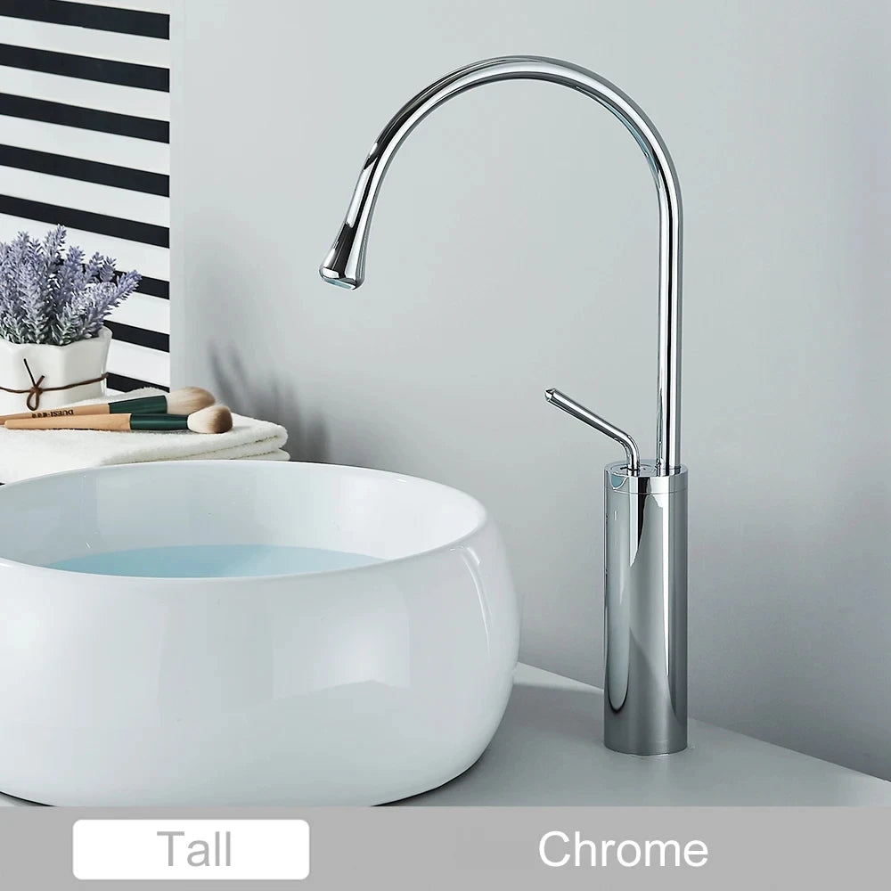 Brushed Golden Brass Art Basin Faucet Bathroom Washbasin Hot Cold Tap 360 Swivel Waterfall Gold Tall Model Mixer Deck Mounted