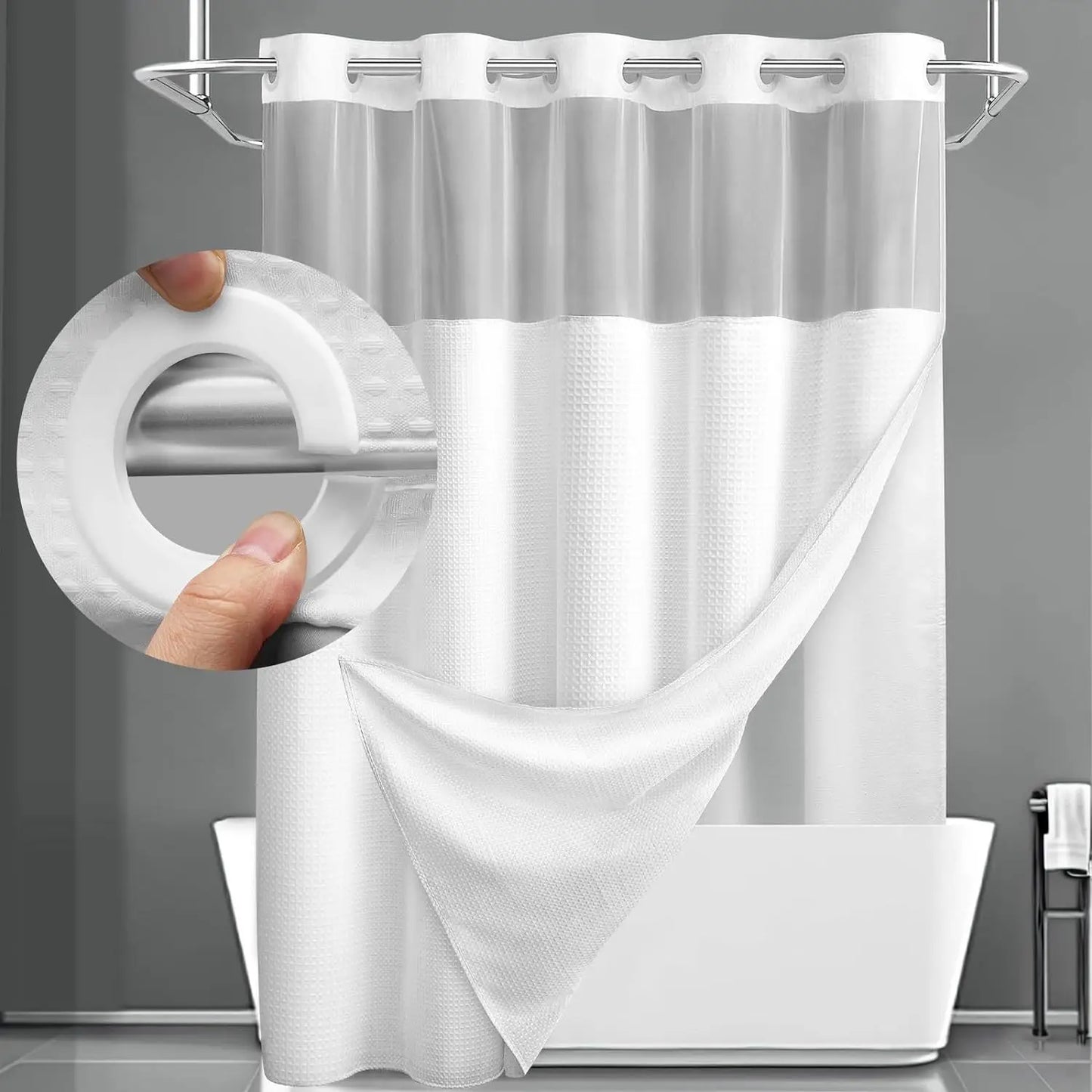 1PC Dotted Waffle Weave Shower Curtain Set Hotel Spa Grade Fabric 71x74 with Snap-In Liner No Hooks Required