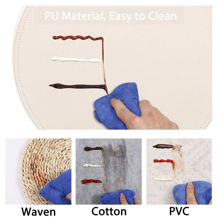 of 6 Faux Leather Round Placemats and Coasters, Coffee Mats Kitchen Table Mats, Waterproof, Easy to Clean for Kitchen Dining Rou