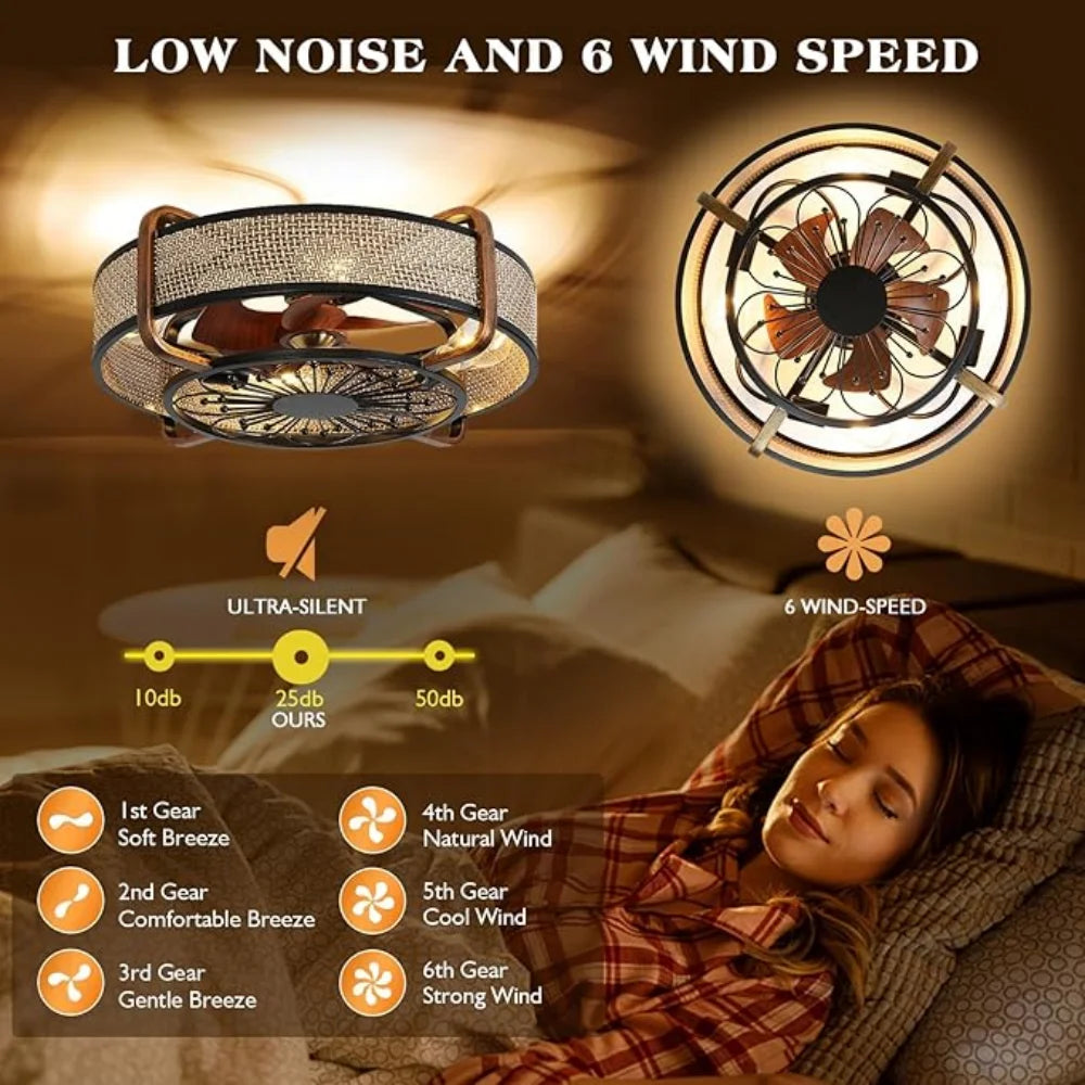 Retro Ironwork Ceiling Fan Light With Remote Control 6 Speeds Silent Ceiling Fan Lamp Bedroom Living Room Decoration Chandelier