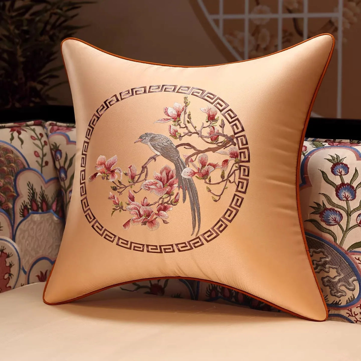 New Chinese Style Embroidered Bird Cushion Cover Living Room Sofa Waist Pillow Luxurious Classical Bed Head Silk Pillowcase