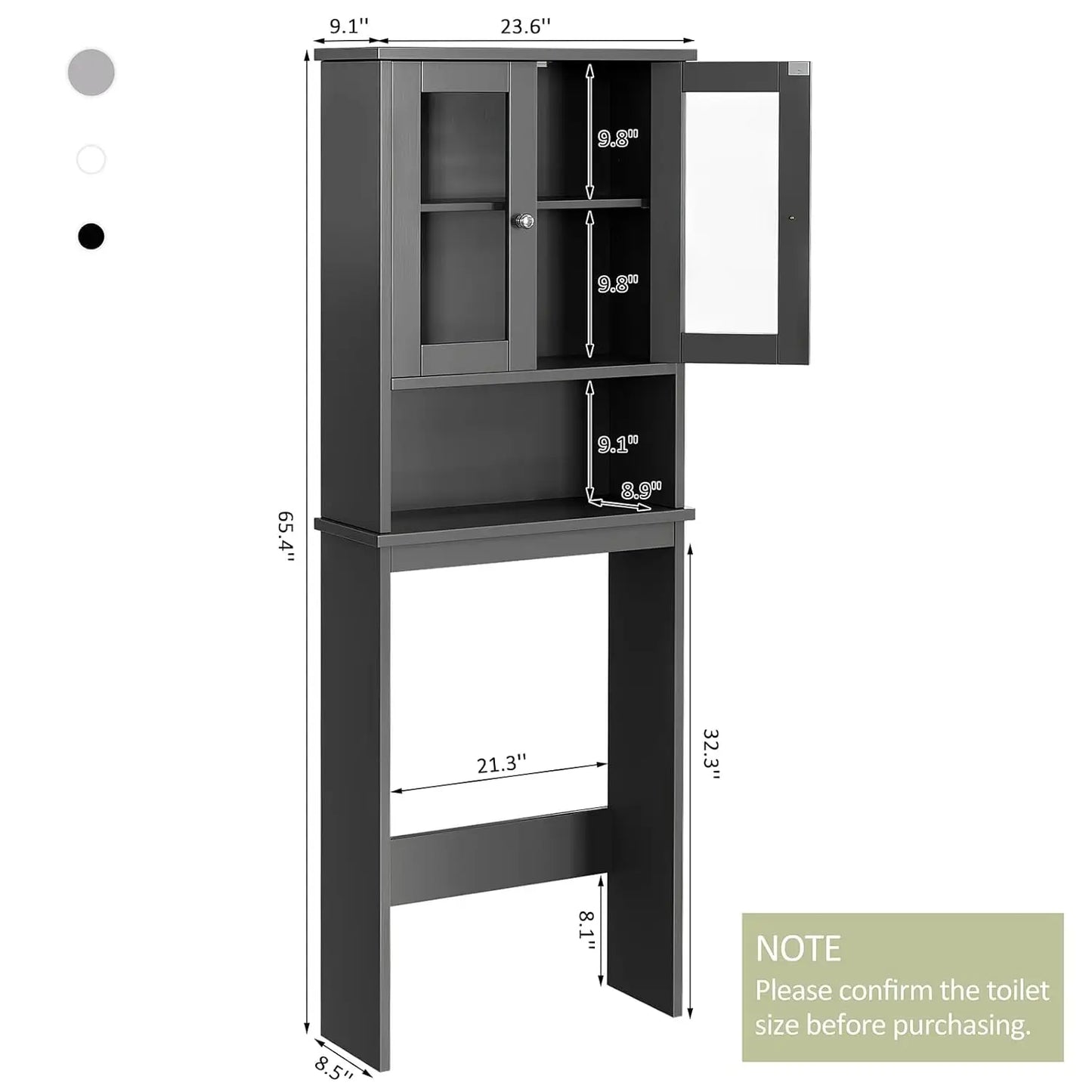 Over The Toilet Storage Cabinet, Bathroom Storage Cabinet Over Toilet, Space Saver with 2 Tempered Glass Doors, Grey, Customized