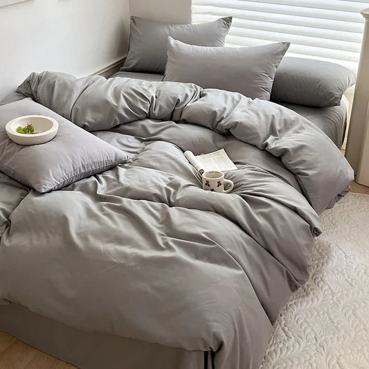 Solid Bed Linen Cotton Bedding Set with Sheet, Duvet Cover, Pillowcase, Single/Couple Bedsheet, King Queen Double Twin Size