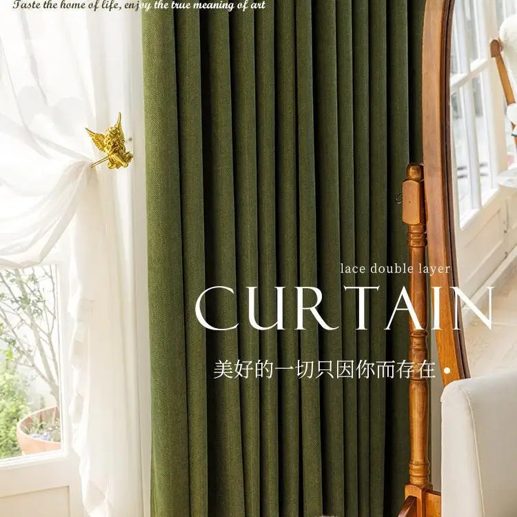 Modern Simple Jacquard Chenille Curtains for Living Room Bedroom Matcha Green Fabric Blackout Thickened Textured Luxury Custom