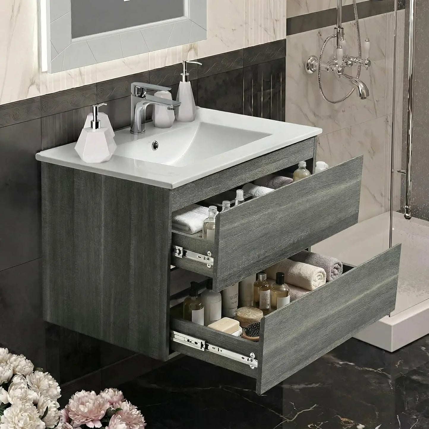 24 Inch Floating Bathroom Vanity with Sink, Modern Wall Mounted Small Bathroom Vanity, 2 Drawer Bathroom Sink, Customized