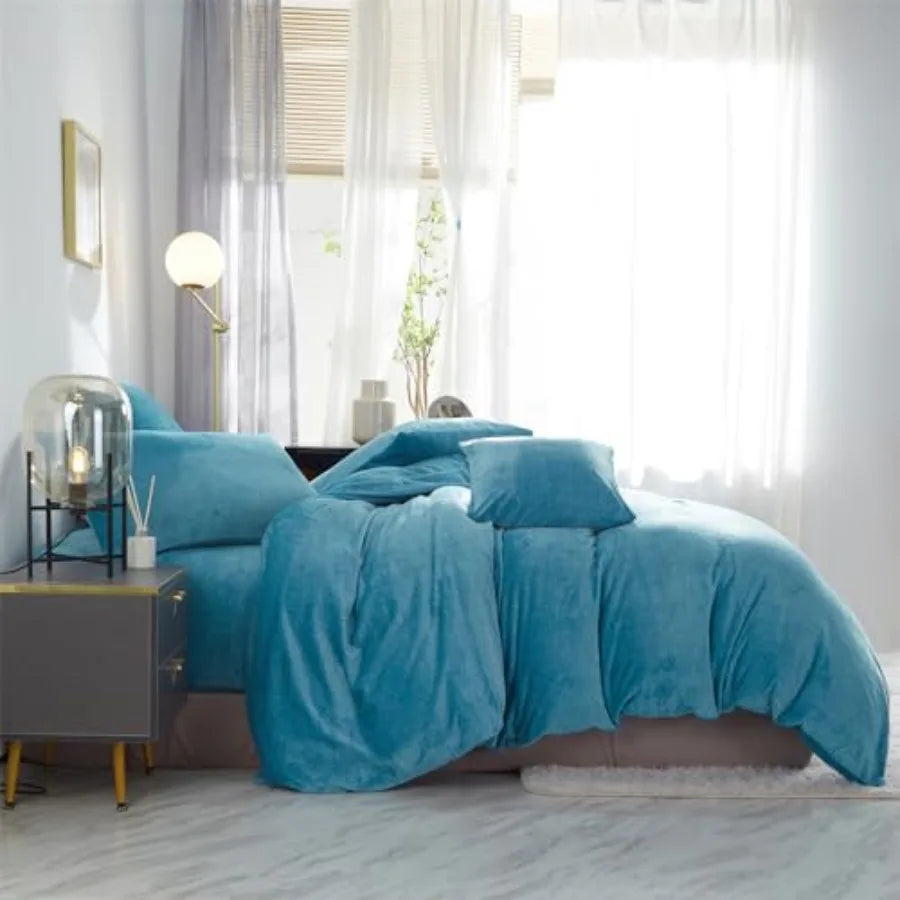 Fluffy Velvet Duvet Cover Set Turquoise Blue Size Fall Winter Soft Warm Flannel Comforter Cover 90" x 90" Luxury Cozy Plush Fle