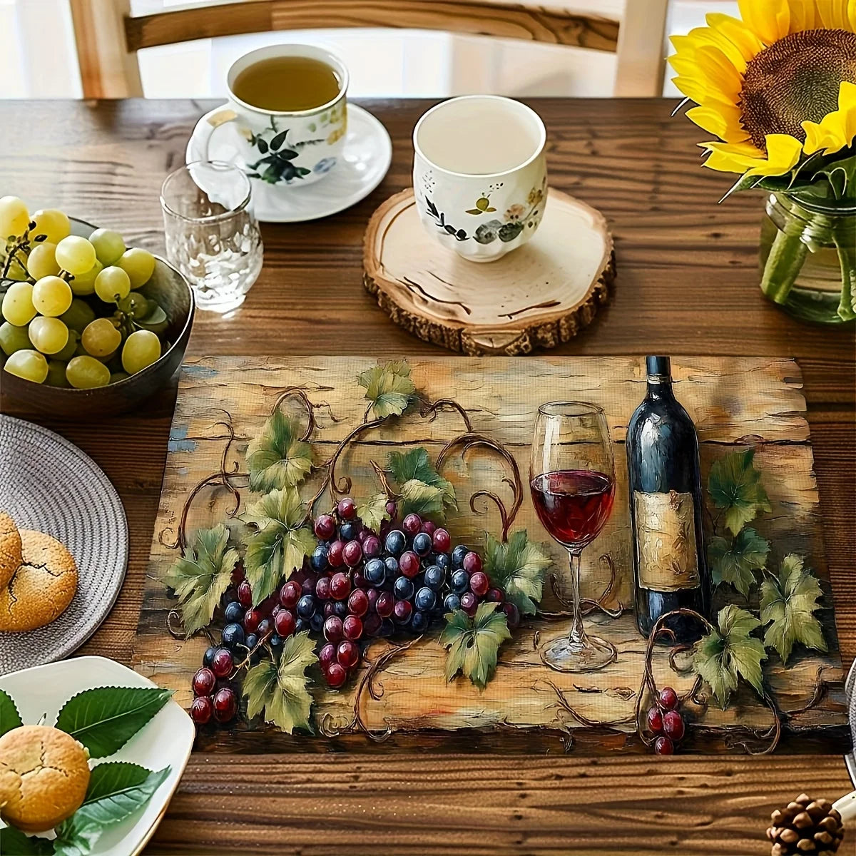 4/6/8pcs Country Wine Grape Pattern Placemats, 12x18 Inches Heat-Resistant Washable Decorative Table Mats for Dining Room, Home