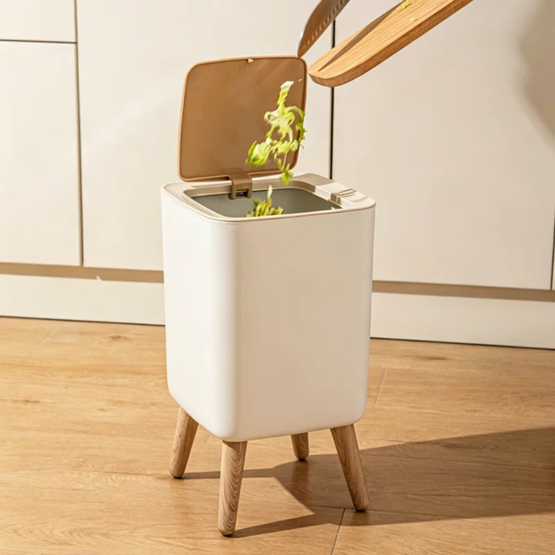 Nordic Standing Press‑Lid Trash Can, Square Cream White Plastic Waste Bin With Decorative Wooden‑Look Legs, Lidded Odor‑Proof Decorative Garbage Bin for Bedroom, Bathroom, Living Room