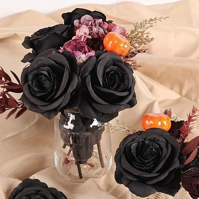 Artificial Black Roses Fake Flowers, Long Stem, with No Container, for Halloween, Home Decor, Tabletop