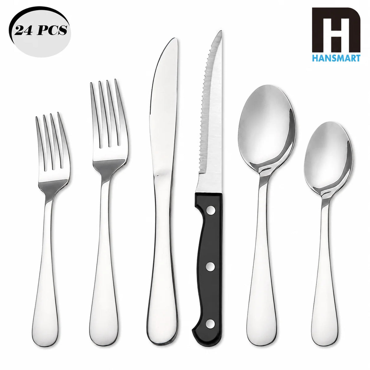KOOMADE 24Pcs Stainless Steel Flatware Set Service for 4 Mirror Polished Cutlery With Steak Knives Forks Spoons Dishwasher Safe for Home Wedding Holiday Gift