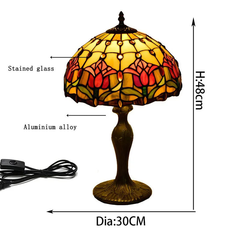 30CM American Tulip Table Lamp Tiffany Style Stained Glass Welding Art Gift Living Room Feeding Night Light Rustic 110V 220V