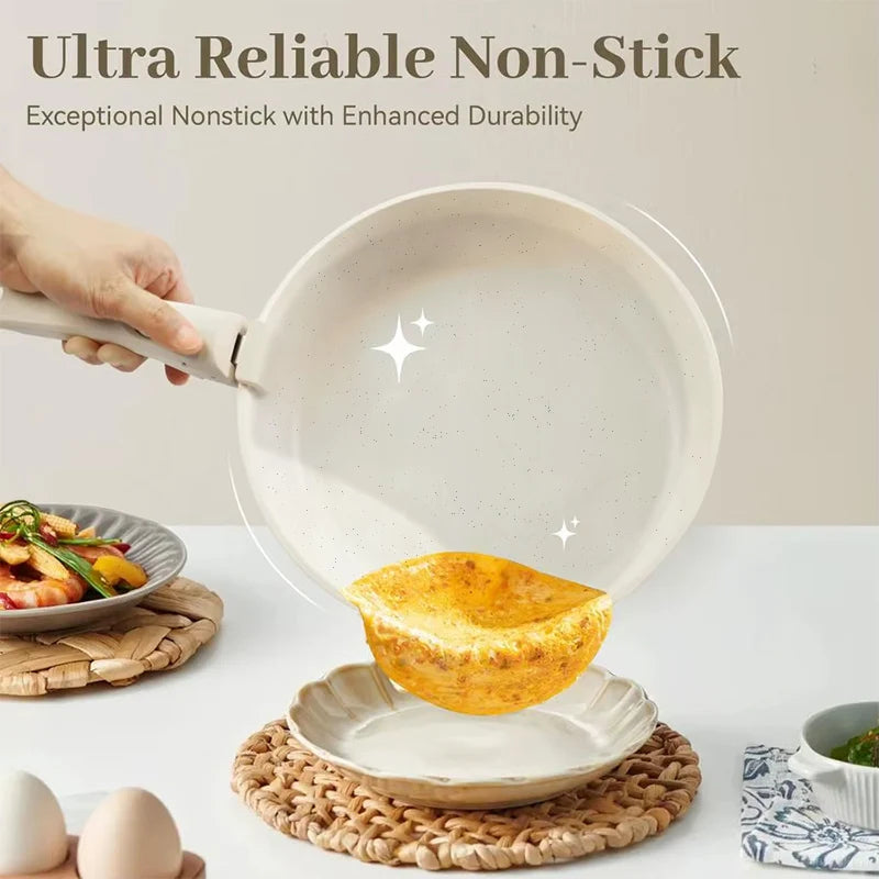 Non-stick pan, 17-piece frying pan set, suitable for induction cooktops and open flames, frying pan set, long-lasting non-stick, scratch-resistant surface, dishwasher safe, creamy white, can be given as a gift