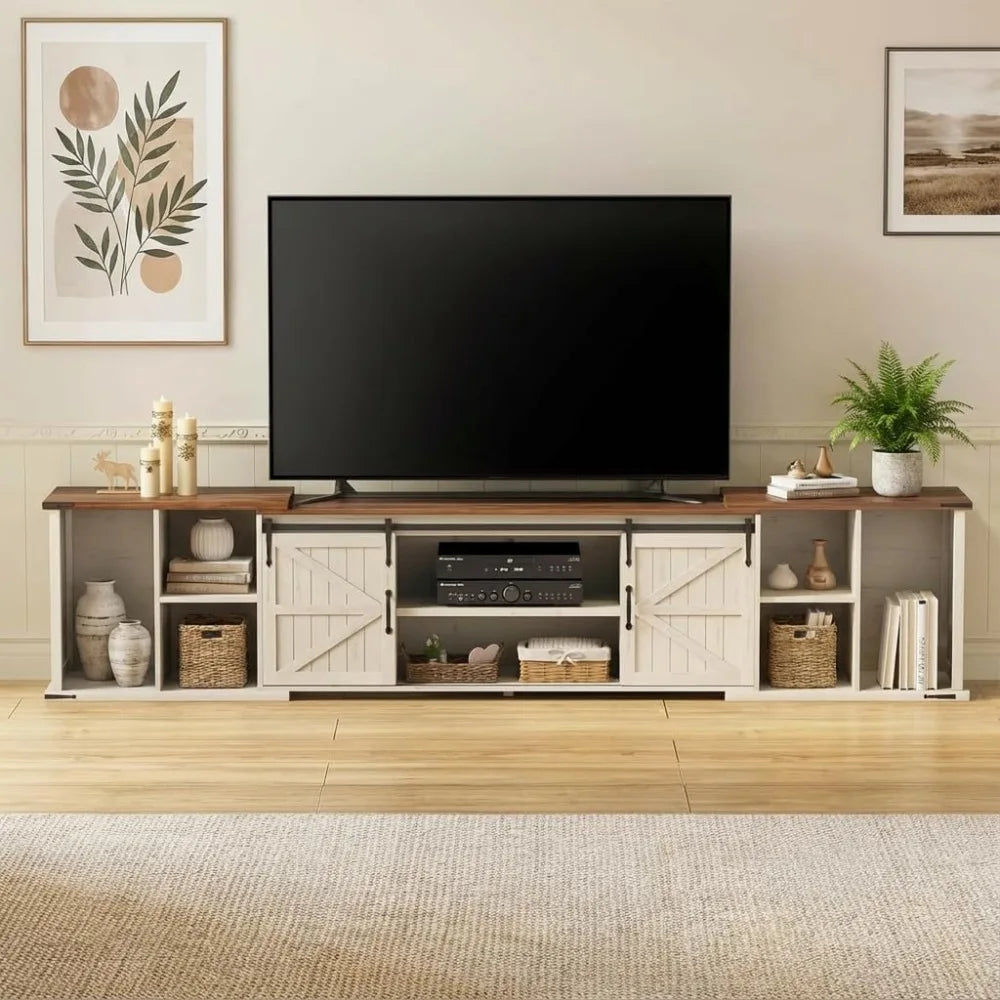Extendable TV Stand, Entertainment Center for 85 95 105 Inch TV,with Large Capacity Storage and Sliding Doors,Farmhouse TV Stand