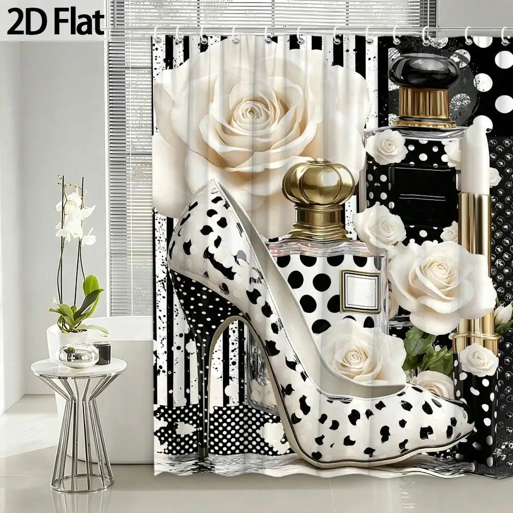 2D Flat, 1pc 2D Flat Shower Curtain with Rose Floral Pattern, Paired with Black and White Polka Dots and High Heels