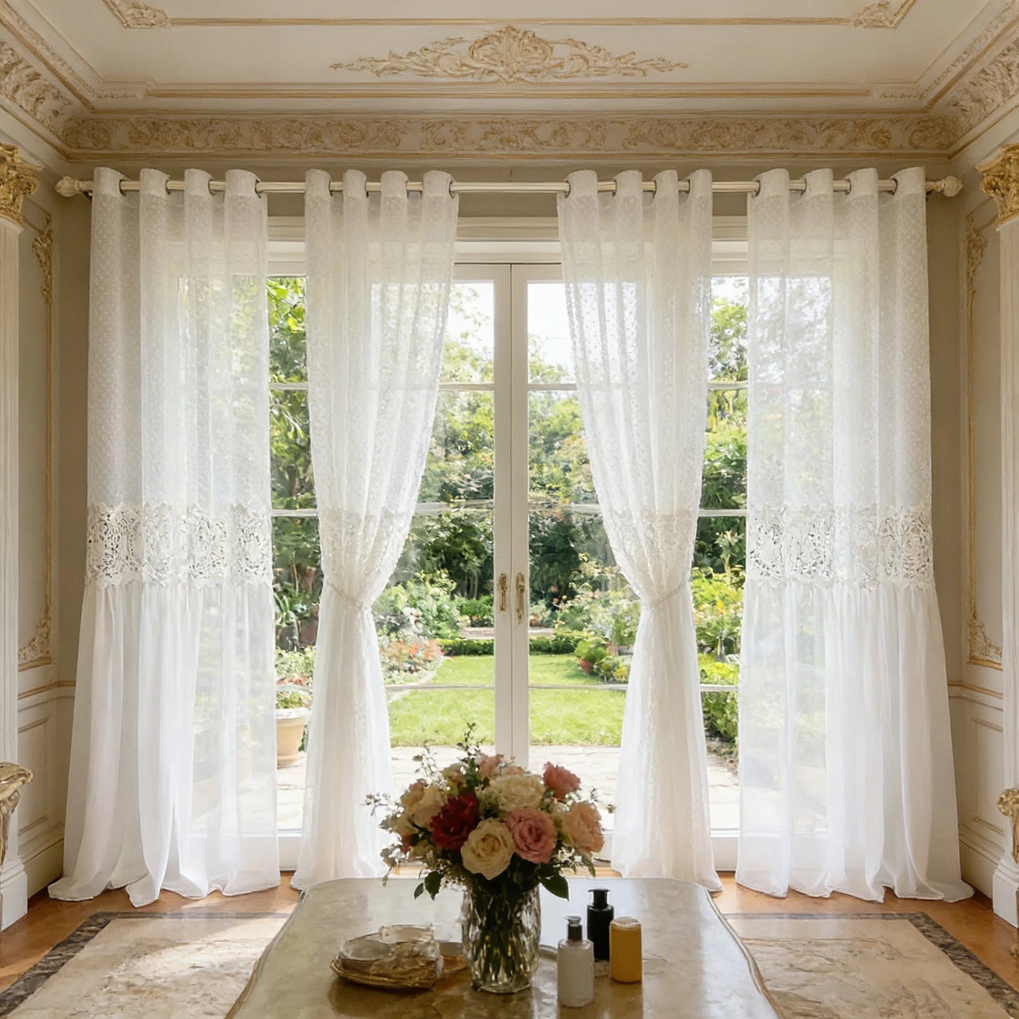 French Romantic Lace Tulle Sheer Curtains, Hollow Flower Light Filtering Drape for Bedroom, 300cm Height Extra Long Curtain