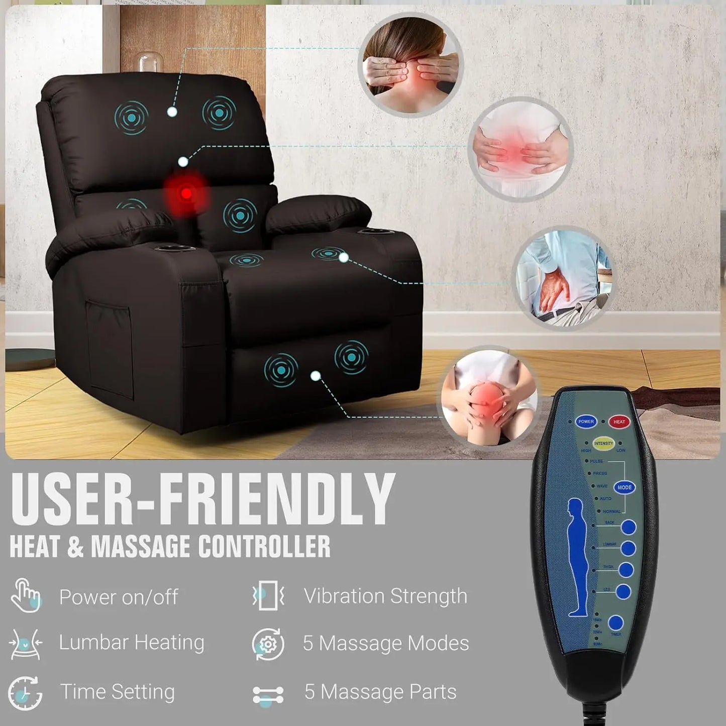 Massage Rocker Recliner Chair with Vibration And Heat USB & Type-C Ports 360° Customizable Rocking Recliner Chair