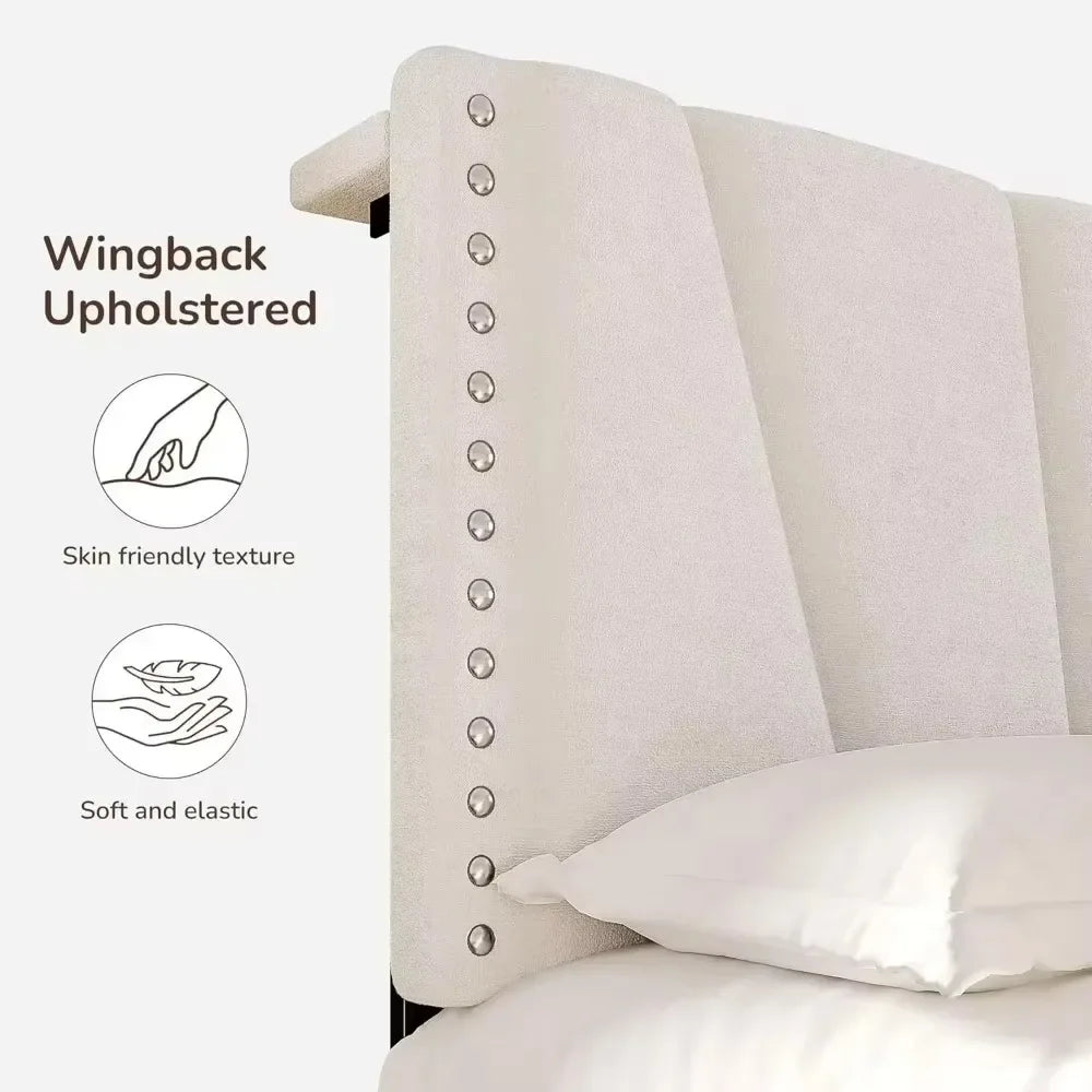 King-size Bed Frame, Velvet Bed Frame, with Headboard and LED Light, Platform Bed Frame, Beige