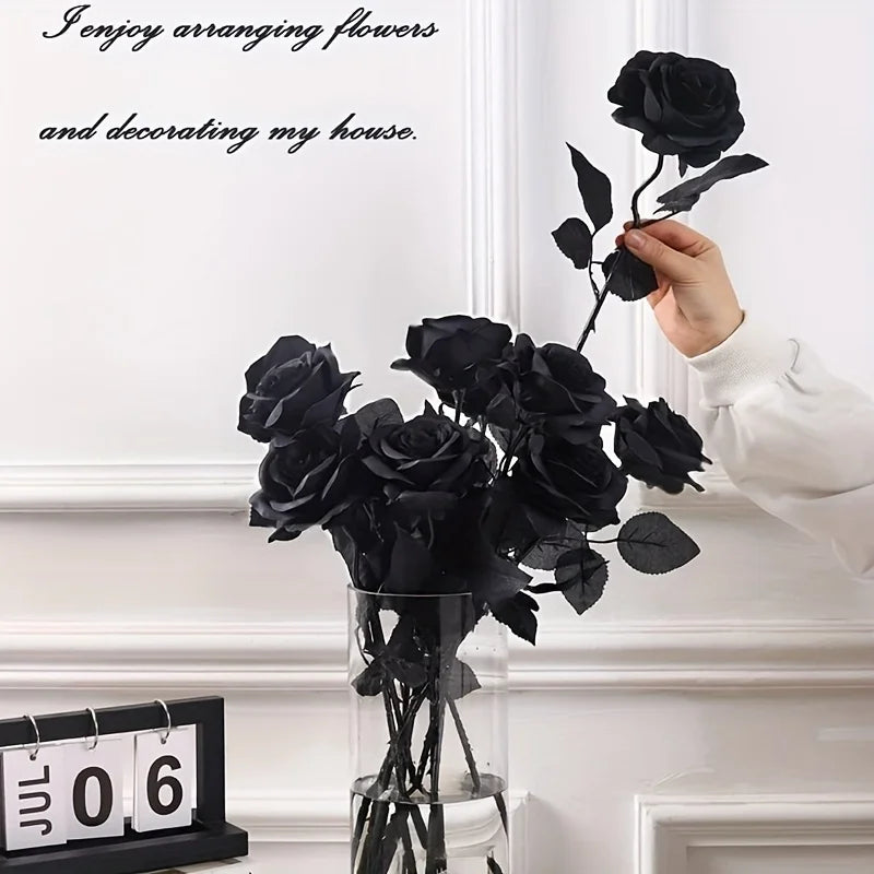 Artificial Black Roses Fake Flowers, Long Stem, with No Container, for Halloween, Home Decor, Tabletop