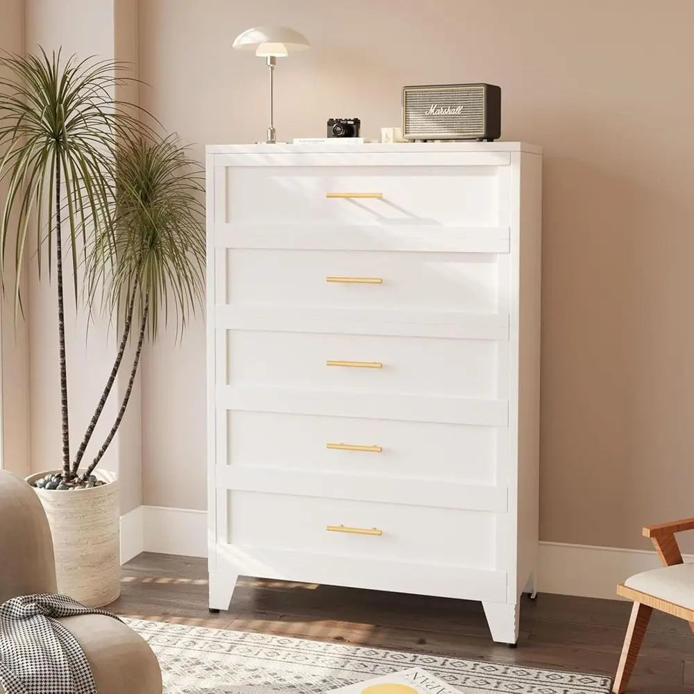 53.54 Tall Metal Drawer Unit for Bedroom, 5 Drawer White Chests, Storage Organizer, Large Space Cabinet for Living Room, Entrywa
