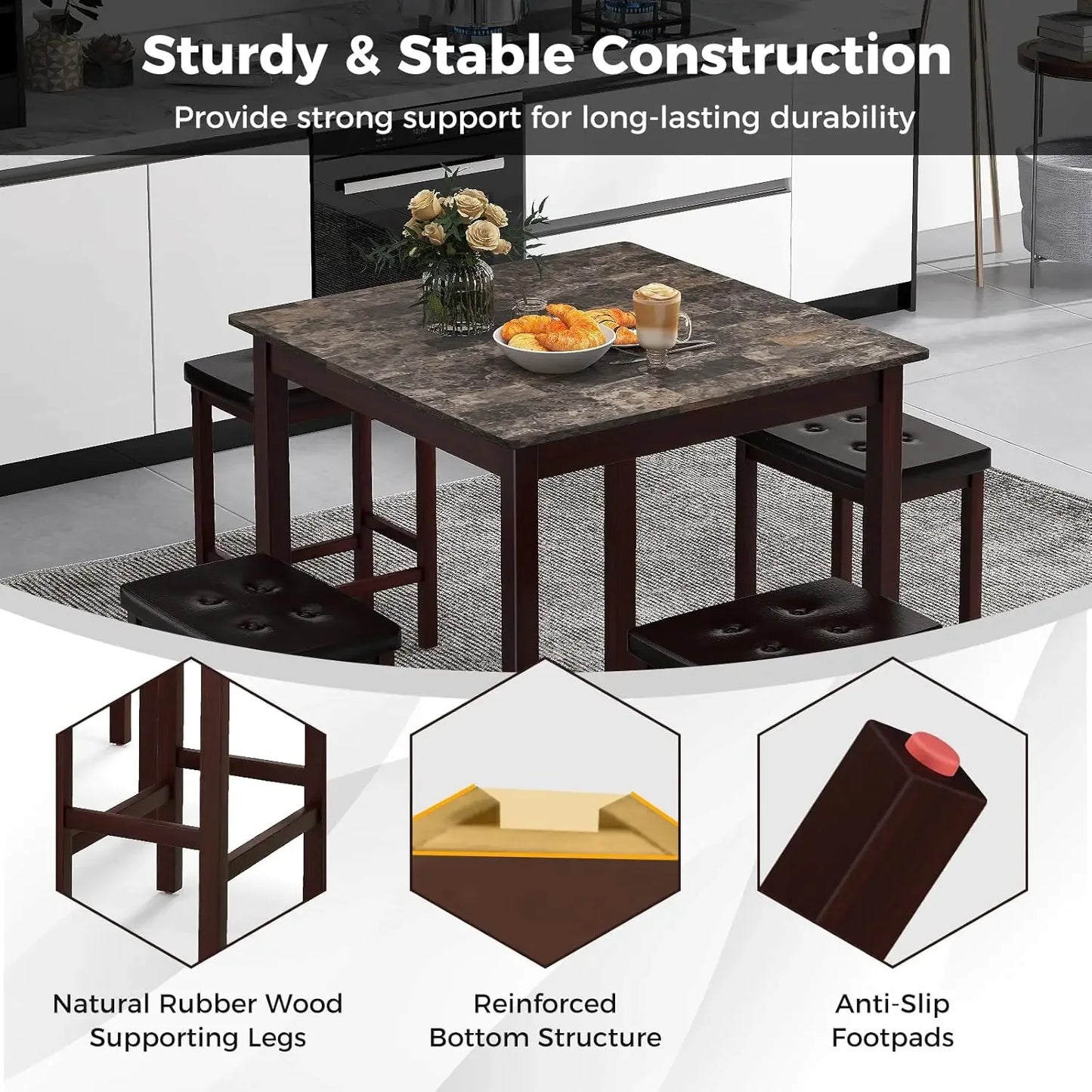 Dining Table Set for 4, Kitchen Table Chairs Set of 4, Counter Height Dining Table Set with 4 Bar Stools, Space-Saving Dinette T
