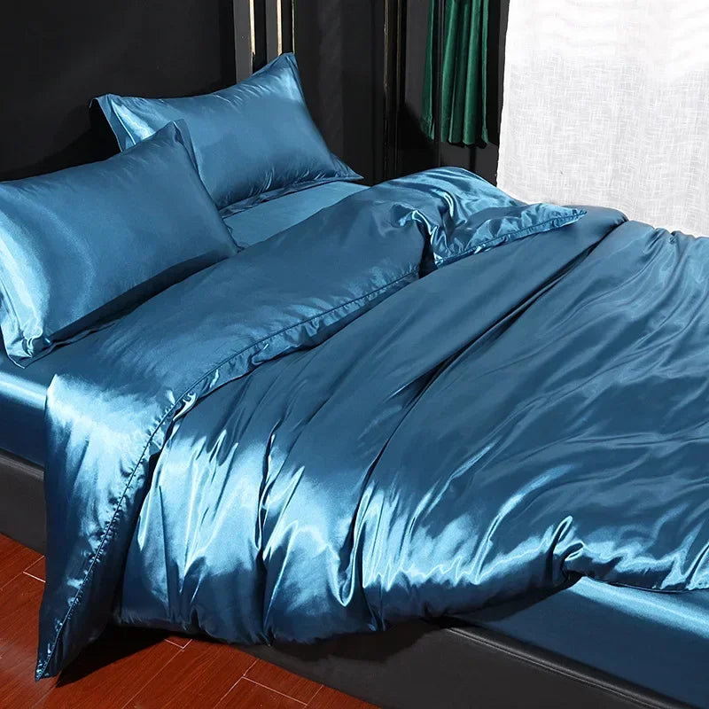Mulberry 100% Silk Bedding Sets Skin Friendly Ice Silk Bed Sets Quilt Cover with Bed Sheet Pillowcase King Queen Full Twin Size