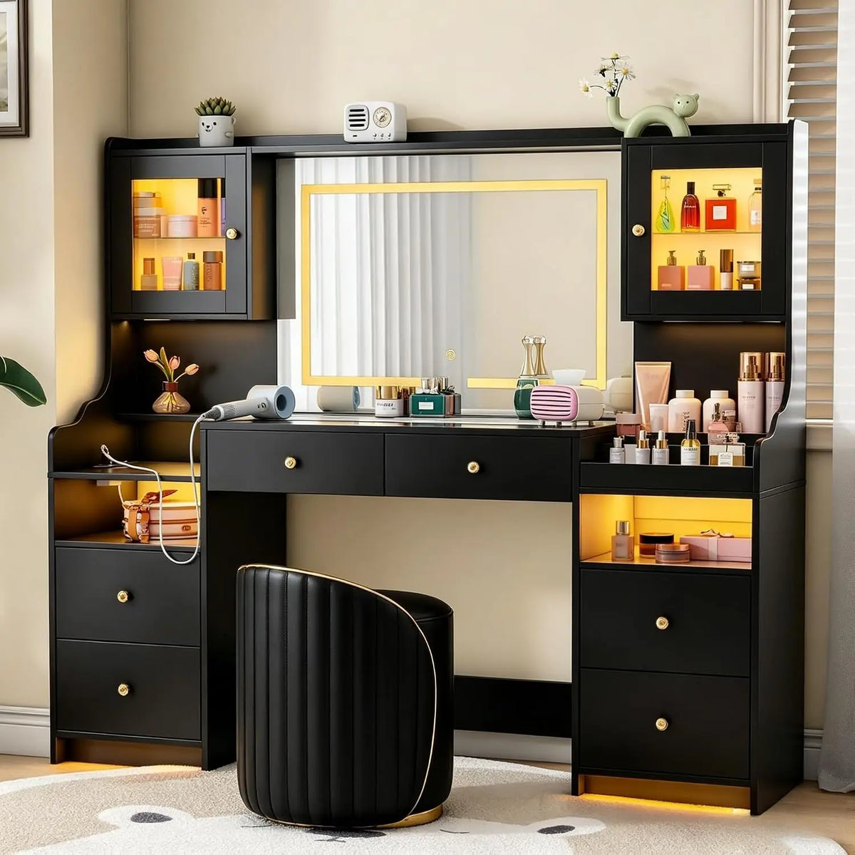 62" Large Black Vanity Desk with Glass Top, Makeup Vanity with Mirror and LED Lights, One-Touch 3 Lighting Modes, Dressing Table