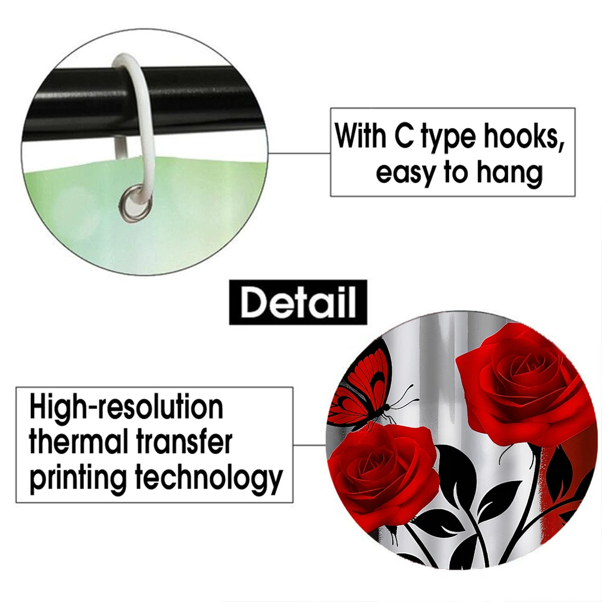 4Pcs Red Rose Butterfly Shower Curtain Set with Hooks, Modern Abstract Print Waterproof Mildew Resistant Fabric Bath Mat for Family Bathroom Home Decor