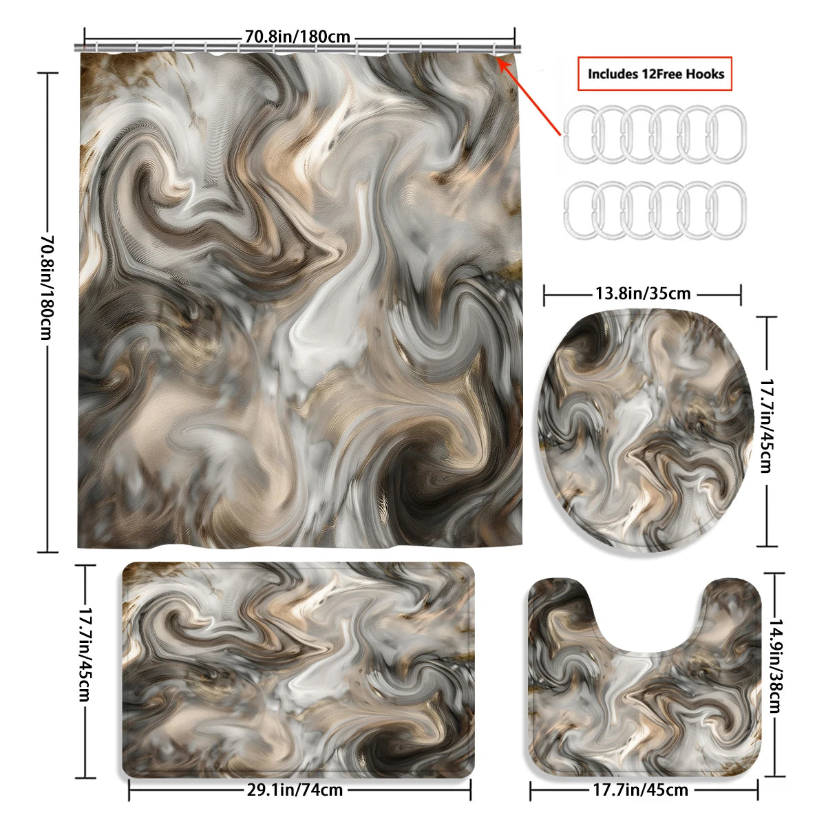 4 Pcs/Set Brown Marble Swirl Shower Curtain Bathroom Set, Neutral Abstract Print Waterproof Mildew Resistant Fabric, Family Bathroom Decor, Modern Minimalist & Neutral Style Bath Mat Set, Fits Apartment, Guest Bathroom, Home