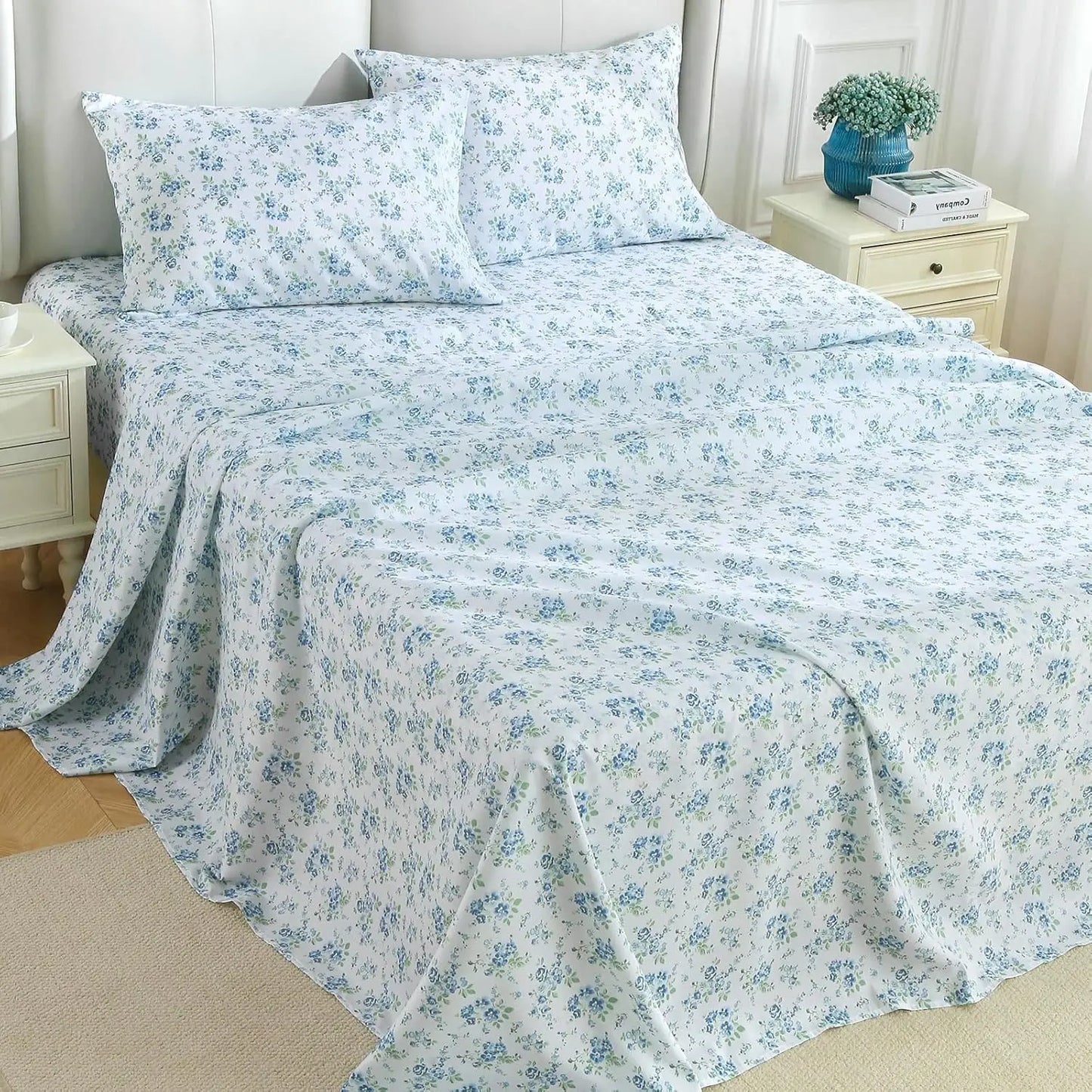 Queen Size 4-Piece Sheet Set, Soft Breathable Bedding with Deep Pocket Up to 16", Wrinkle-Free & Cooling - Blossoms Light Blue