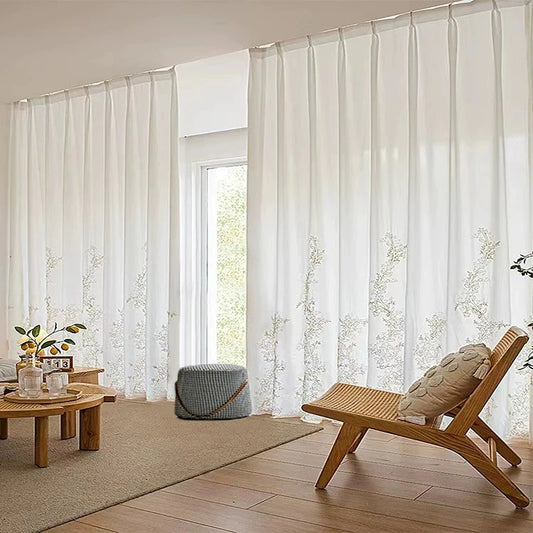 2pcs White Botanical Embroidered Sheer Curtains – Minimalist Light Filtering Privacy Drapes for Bedroom & Living Room