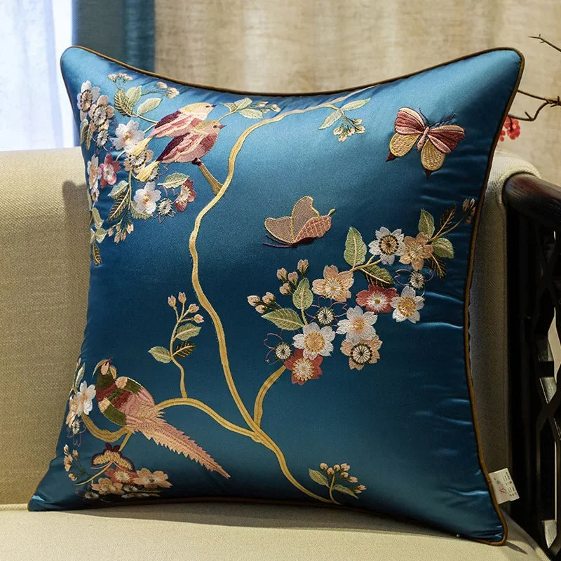 New Chinese Style Embroidered Bird Cushion Cover Living Room Sofa Waist Pillow Luxurious Classical Bed Head Silk Pillowcase
