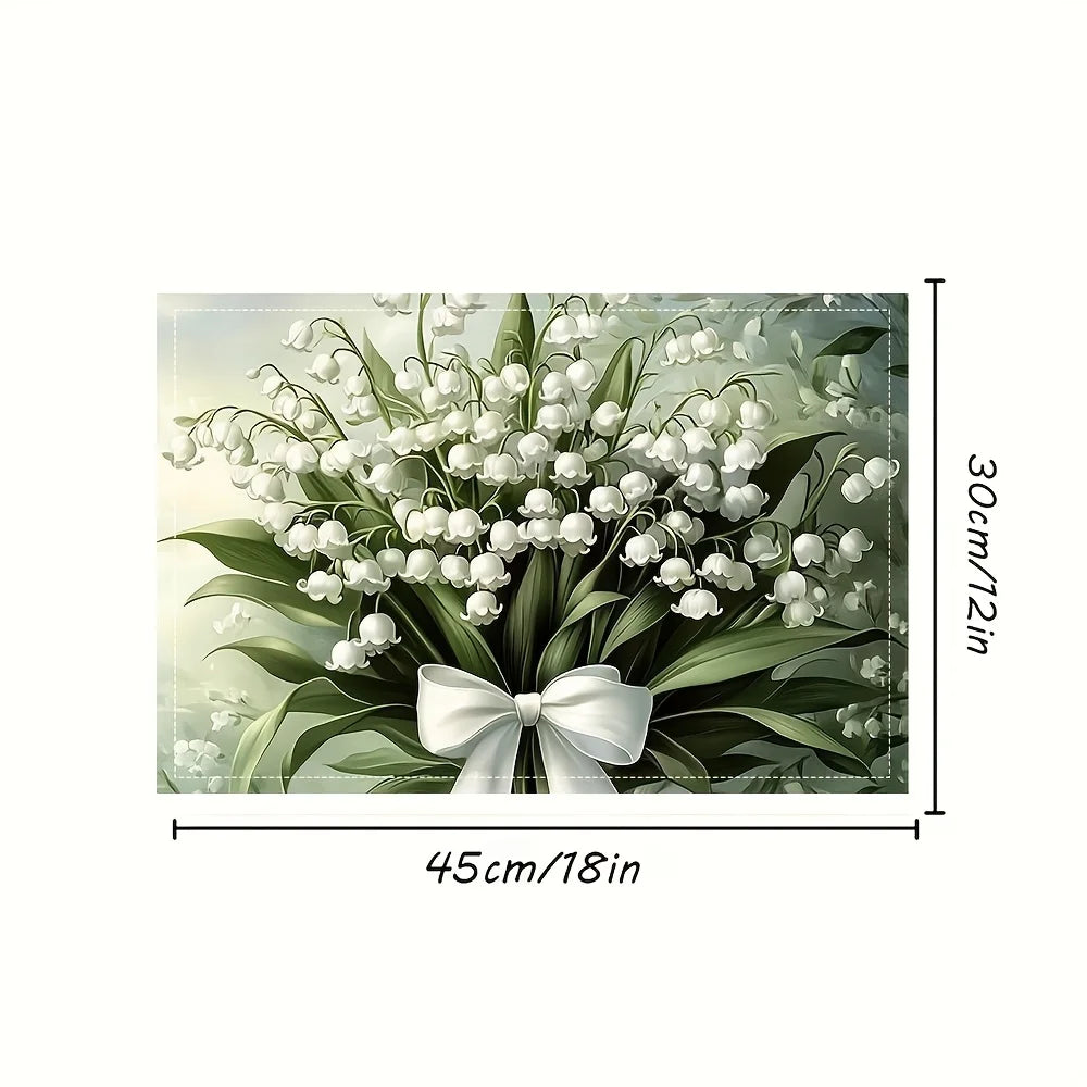 Single-Sided Printing Table Mats 12X18 Inch, Only a Plane Print, Lily-Of-The-Valley Bouquet with White Ribbons, Soft Lighting