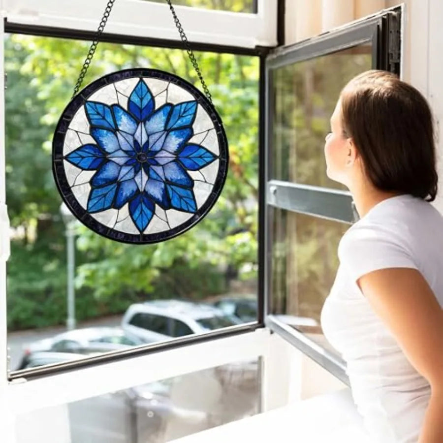 Stained Glass Window Hanging - Blue Snowflake Flowers Suncatcher for Doors Garden Patio Boho Sun Catchers Decor