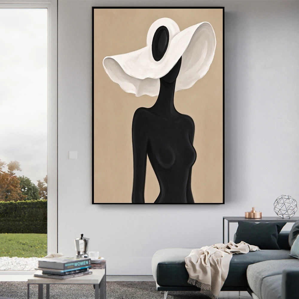 Minimalist Black Silhouette Woman With White Wide Brim Hat Canvas Wall Art Neutral Beige Boho Abstract Female Portrait Print