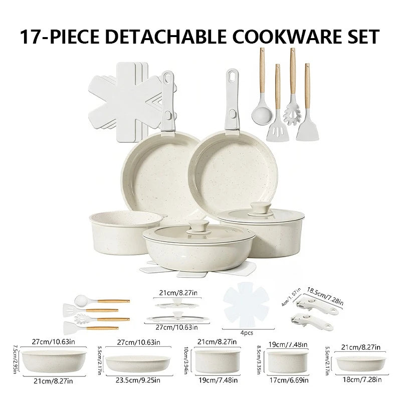 Non-stick pan, 17-piece frying pan set, suitable for induction cooktops and open flames, frying pan set, long-lasting non-stick, scratch-resistant surface, dishwasher safe, creamy white, can be given as a gift