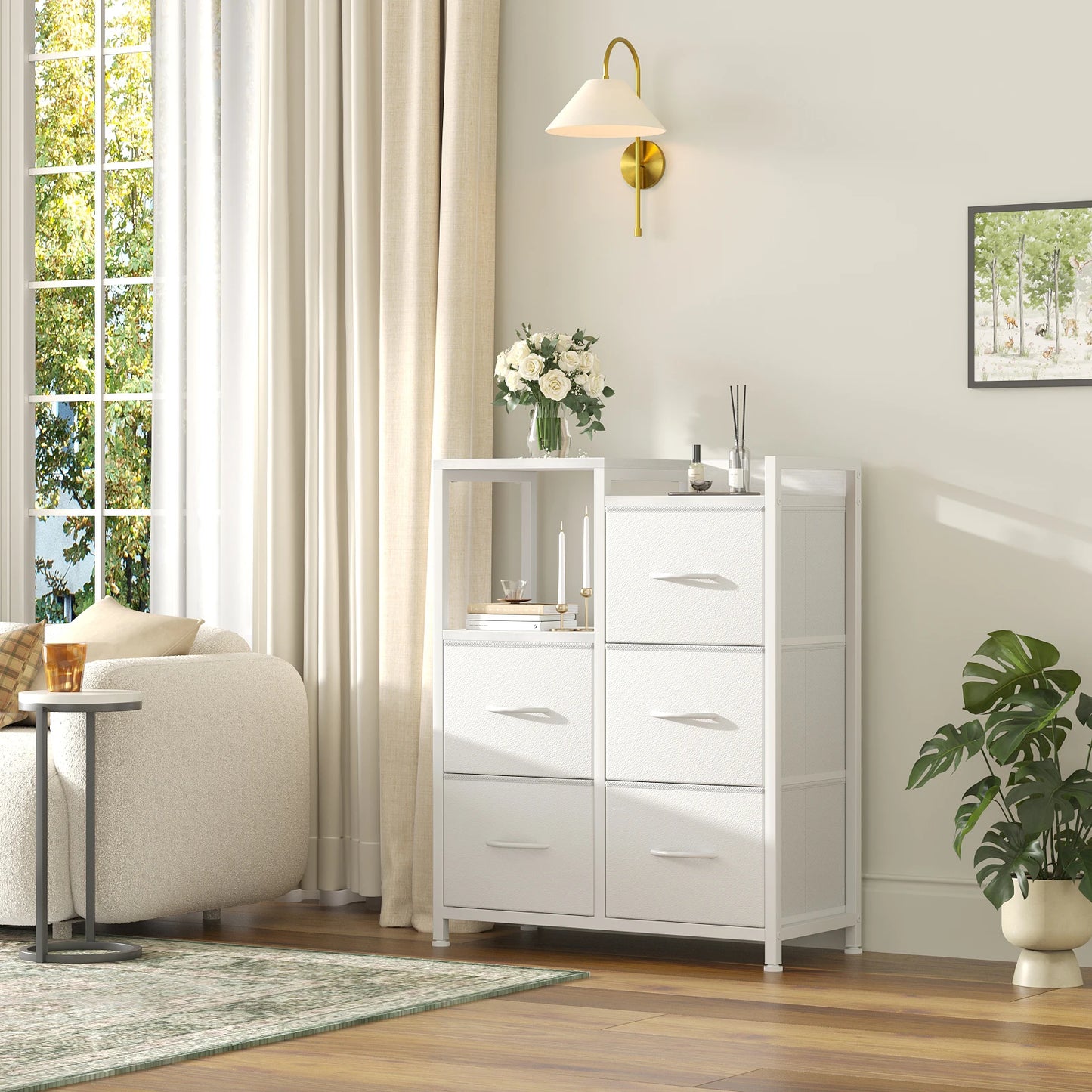 JHK  5 Fabric Drawer Chest with Raised Shelf Metal Frame TV Stands for Bedroom Storage Tower with Bins for Closet Organization Hallway Storage for Home
