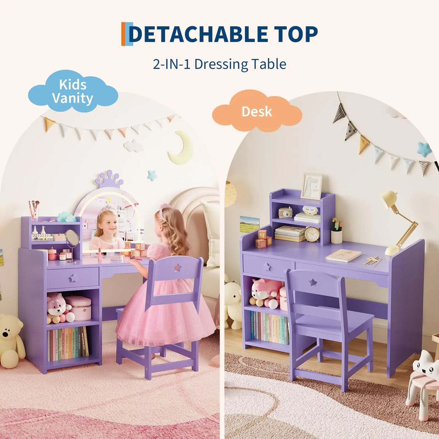 LED Crown Mirror Kids Vanity Table & Chair Set - Storage Cabinet, Open Bookshelf, Drawer, 2-in-1 Princess Makeup Desk, Easy Assembly, Bedroom or Playroom Furniture