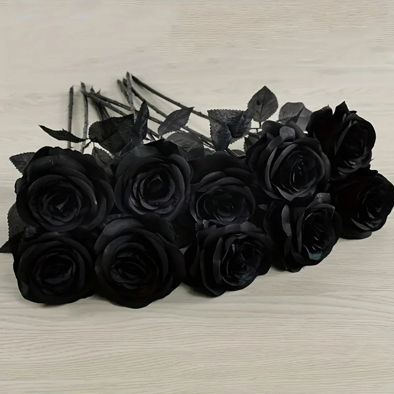 Artificial Black Roses Fake Flowers, Long Stem, with No Container, for Halloween, Home Decor, Tabletop