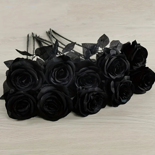Artificial Black Roses Fake Flowers, Long Stem, with No Container, for Halloween, Home Decor, Tabletop