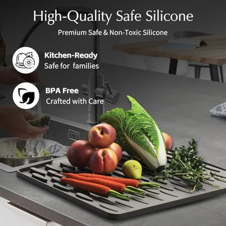 Silicone Dish Drying Mat for Kitchen Counter or Sink with Built-in Drain Lip, Non-Slip Quick Drying Mat, Easy to Clean, Heat Re