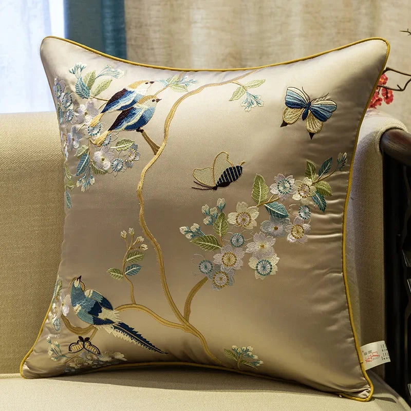 New Chinese Style Embroidered Bird Cushion Cover Living Room Sofa Waist Pillow Luxurious Classical Bed Head Silk Pillowcase
