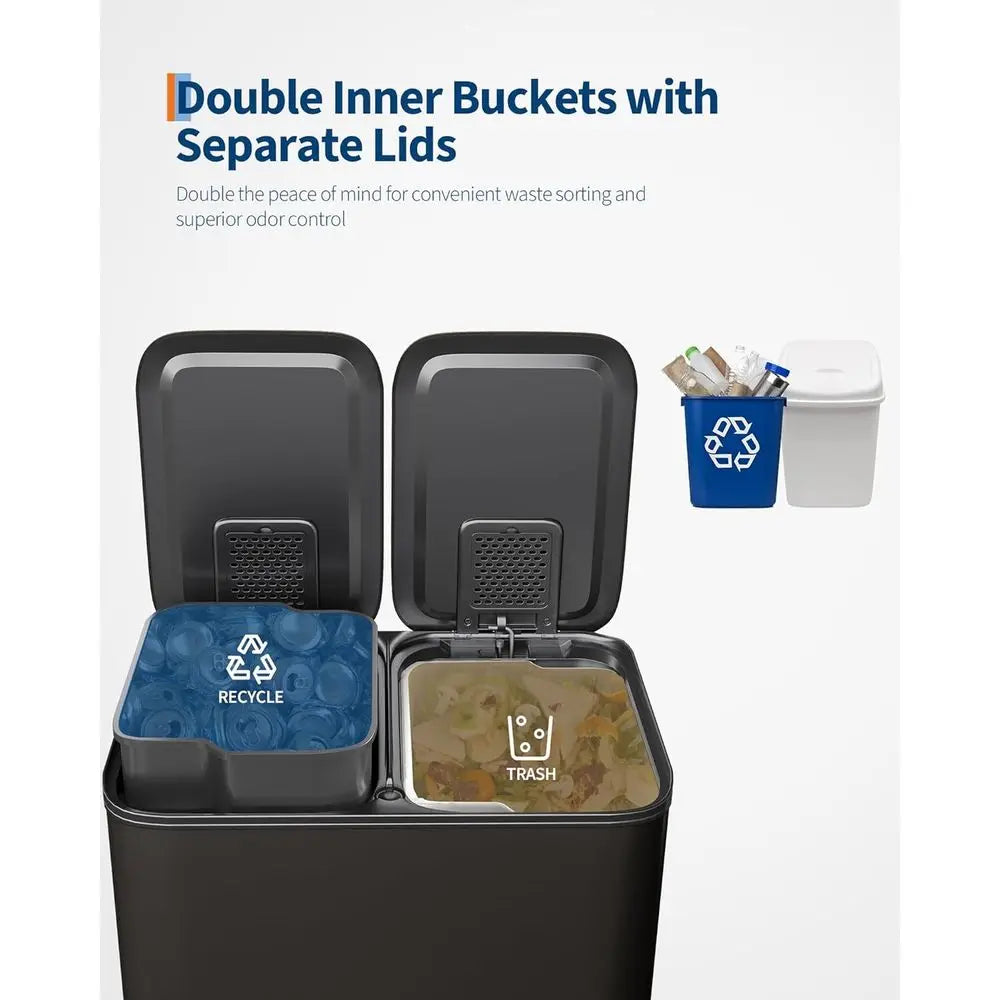 Double Trash Can, 2 x 8 gal (2 x 30 L) Garbage Can or Kitchen Dual Compartment Recycling Kitchen Step Trash Bin, Stainless Steel Trash Can.