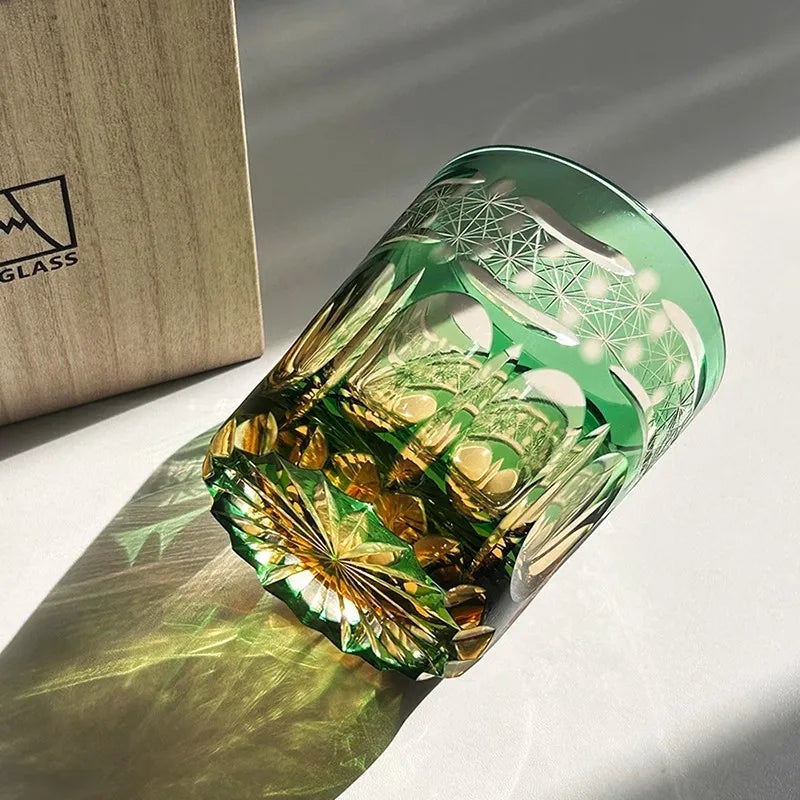 Chamvin Japanese Edo Kiriko Stellar Pulse Whiskey Glass , Hand Carved, Wooden Box Gift, Thick Bottom Wine Glass