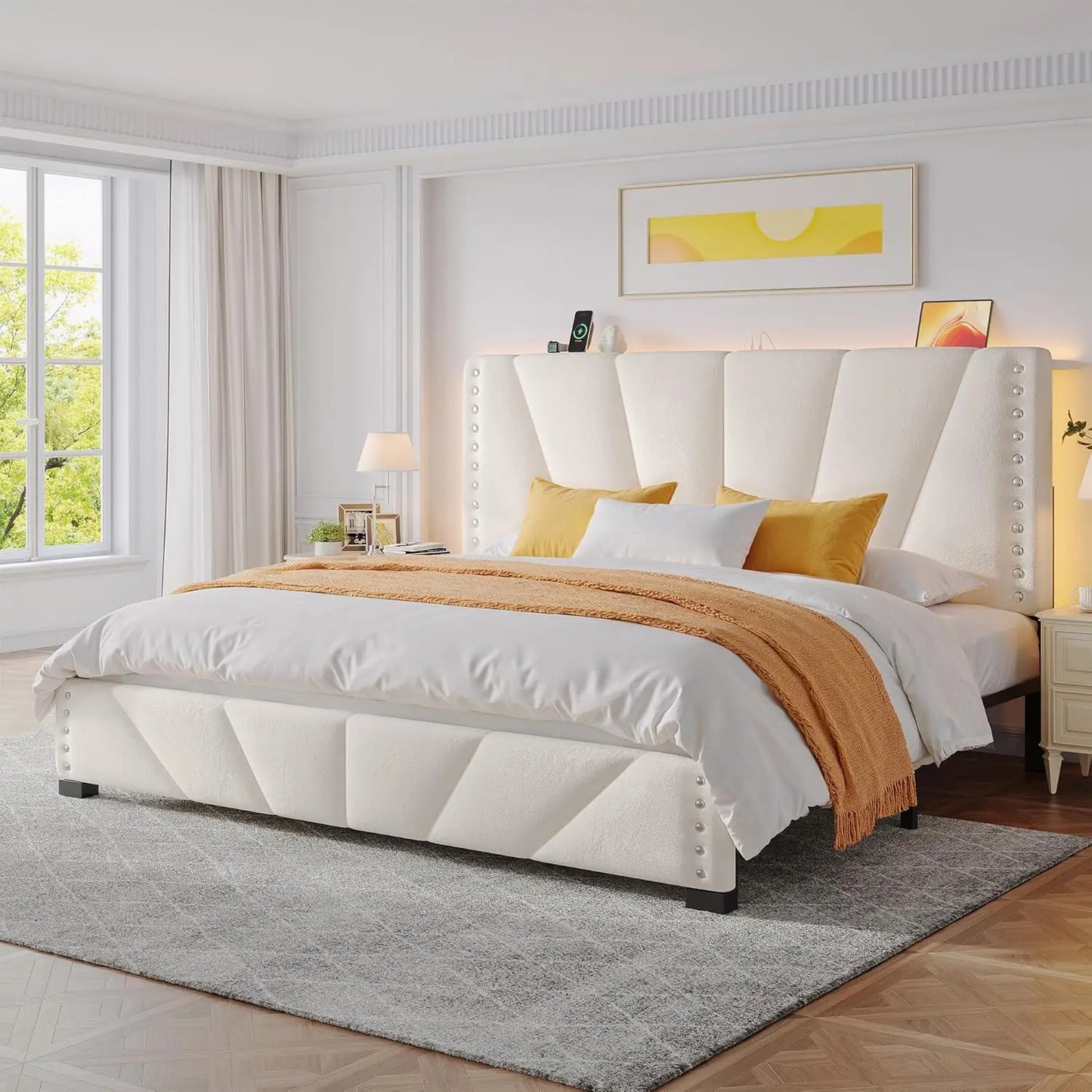 King-size Bed Frame, Velvet Bed Frame, with Headboard and LED Light, Platform Bed Frame, Beige