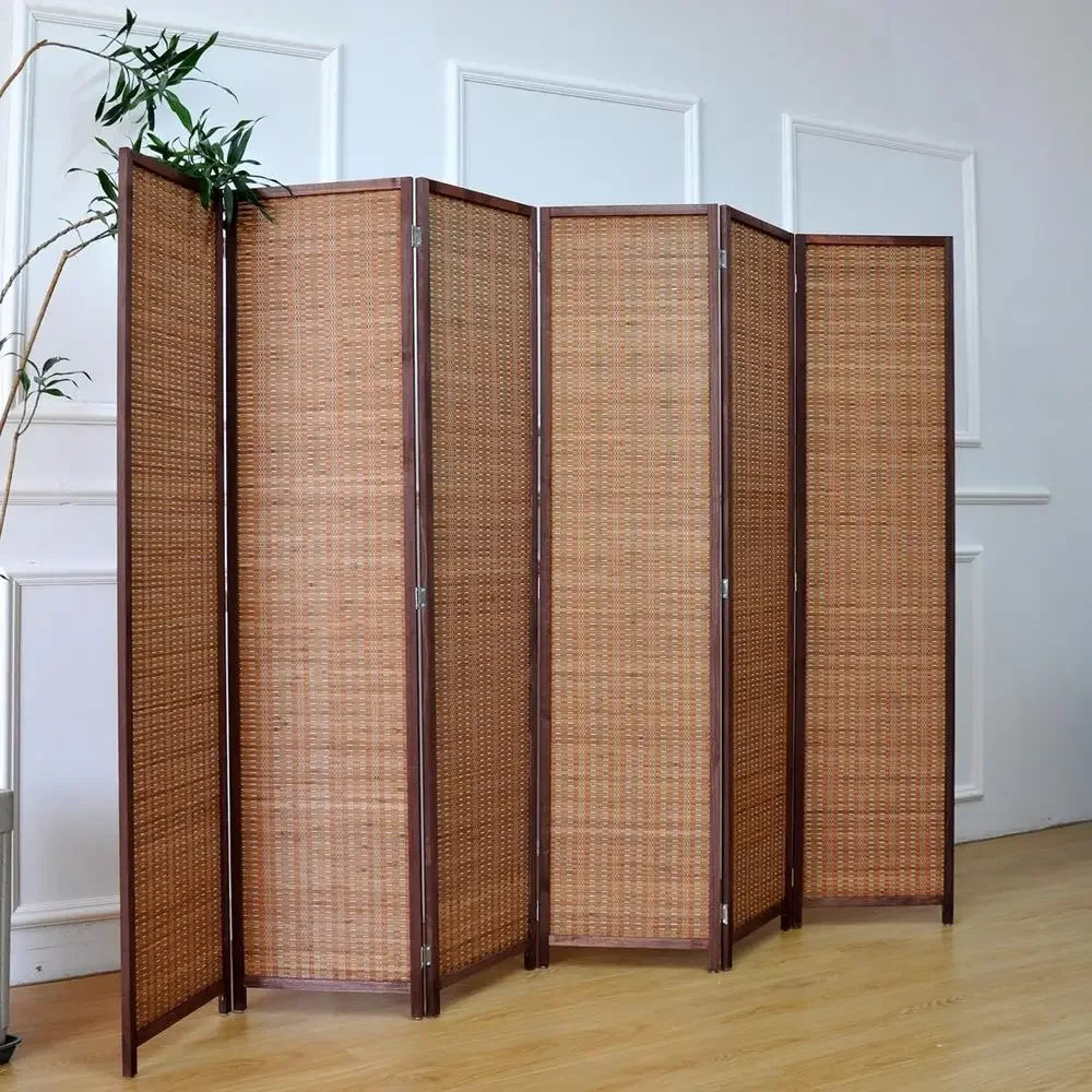 6 Panel Bamboo Room Divider - 5.6 t Tall Folding Privacy or Room Separation, Natural Brown Freestanding Partition Wall
