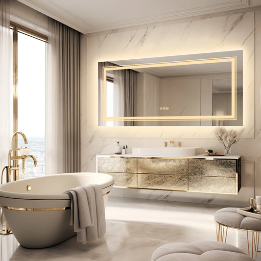 Extra Large Rectangle Bathroom Mirror LED Vanity Dimmable Backlit Anti-Fog Memory with Front and Backlight Shatter-Proof