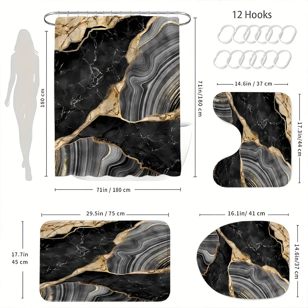 1or4 Piece Black Marble Shower Curtain Set - Modern Abstract Texture Bathroom Decor - Washable Fabric Curtain - Rugs and Cover